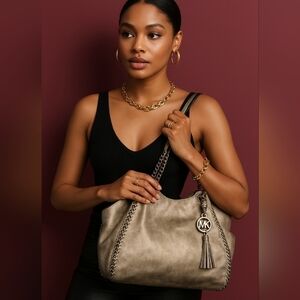 Michael Kors Handbag Women L Chelsea Metallic Tan Whipstitch Tassel Shoulder Bag